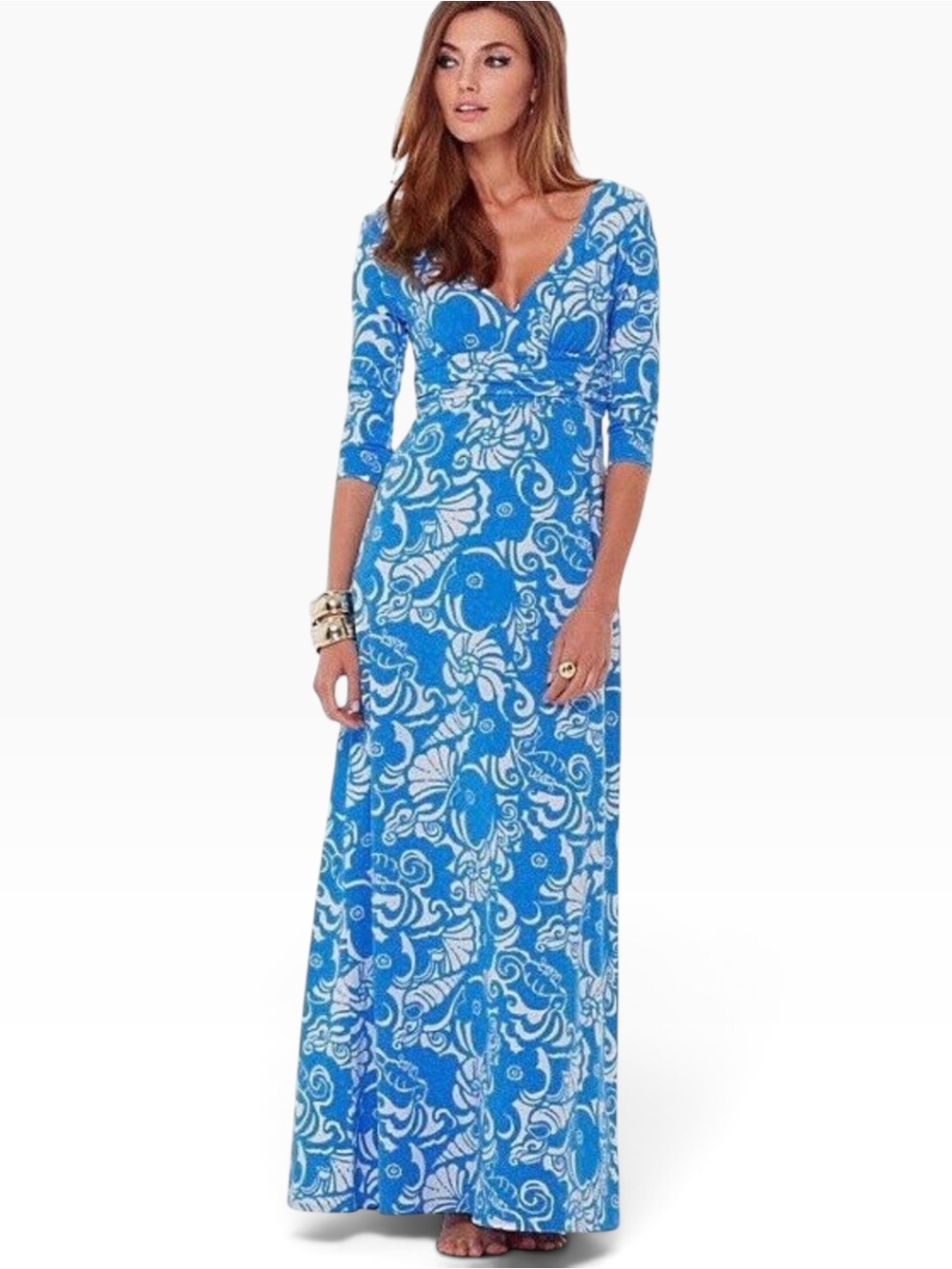 Lilly Pulitzer Gloria Ariel Blue Tide Pools Faux Wrap Jersey Maxi Dress Small